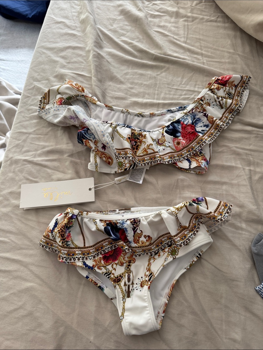 Camilla White Floral & Chain Print Ruffle Bandeau Bikini
